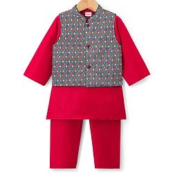 Babyhug Woven Full Sleeves Kurta Pajama & Embriodered Jacket Set - Red