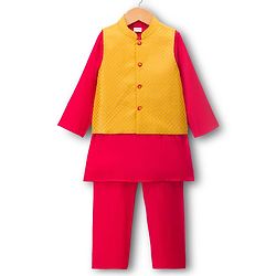 Babyhug Cotton Blend Woven Full Sleeves Kurta Pajama Set with Embroidered Jacket - Dark Pink