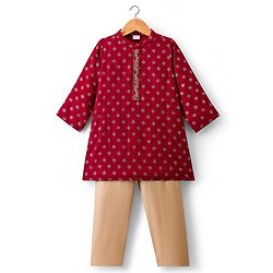 Babyhug Woven Full Sleeves Floral Foil Printed Kurta Pajama  Set- Maroon