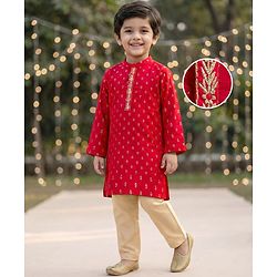 Babyhug Woven Full Sleeves Kurta Pajama Set With Floral Foil Print - Red