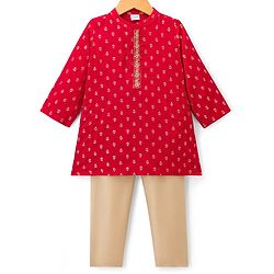 Babyhug Woven Full Sleeves Kurta Pajama Set With Floral Foil Print - Red