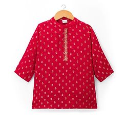Babyhug Woven Full Sleeves Kurta Pajama Set With Floral Foil Print - Red