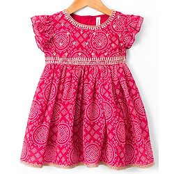 Babyhug Rayon Woven Frill Sleeves Printed Kurti Sharara with Dupatta - Dark Pink