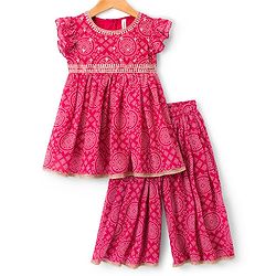 Babyhug Rayon Woven Frill Sleeves Printed Kurti Sharara with Dupatta - Dark Pink