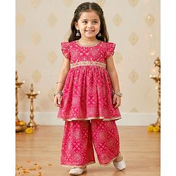 Babyhug Rayon Woven Frill Sleeves Printed Kurti Sharara with Dupatta - Dark Pink