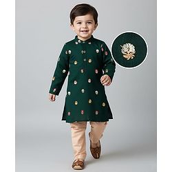 Babyhug Brocade Woven Full Sleeves Kurta Pajama Set with Floral Embroiderey -  Green