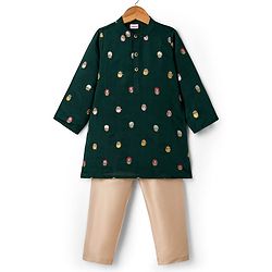 Babyhug Brocade Woven Full Sleeves Kurta Pajama Set with Floral Embroiderey -  Green