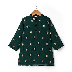 Babyhug Brocade Woven Full Sleeves Kurta Pajama Set with Floral Embroiderey -  Green