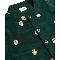 Babyhug Brocade Woven Full Sleeves Kurta Pajama Set with Floral Embroiderey -  Green