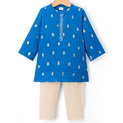 Babyhug Woven Full Sleeves Kurta Pajama Set With Floral Foil Print - Blue