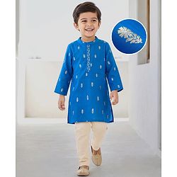 Babyhug Woven Full Sleeves Kurta Pajama Set With Floral Foil Print - Blue