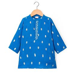 Babyhug Woven Full Sleeves Kurta Pajama Set With Floral Foil Print - Blue