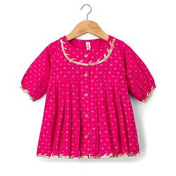 Babyhug Cotton Woven Three Fourth Sleeves Kurta Salwar Set With Floral Pint - Fuchsia