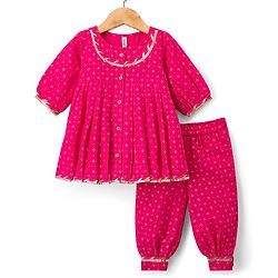 Babyhug Cotton Woven Three Fourth Sleeves Kurta Salwar Set With Floral Pint - Fuchsia