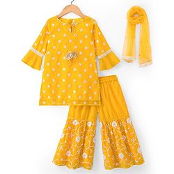 Babyhug Chanderi Woven Three Fourth Sleeves Kurta Sharara & Dupatta Set With Floral Embroidery - Yellow