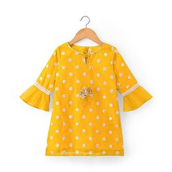 Babyhug Chanderi Woven Three Fourth Sleeves Kurta Sharara & Dupatta Set With Floral Embroidery - Yellow