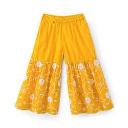 Babyhug Chanderi Woven Three Fourth Sleeves Kurta Sharara & Dupatta Set With Floral Embroidery - Yellow