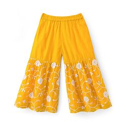 Babyhug Chanderi Woven Three Fourth Sleeves Kurta Sharara & Dupatta Set With Floral Embroidery - Yellow
