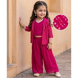 Babyhug Georgette Woven Top & Palazzo Set With Three Fourth Sleeves Embroidered Jacket - Fuchsia