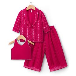 Babyhug Georgette Woven Top & Palazzo Set With Three Fourth Sleeves Embroidered Jacket - Fuchsia