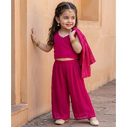 Babyhug Georgette Woven Top & Palazzo Set With Three Fourth Sleeves Embroidered Jacket - Fuchsia