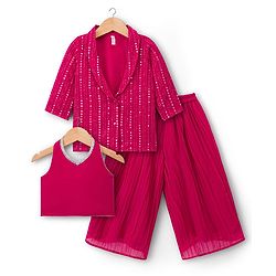 Babyhug Georgette Woven Top & Palazzo Set With Three Fourth Sleeves Embroidered Jacket - Fuchsia
