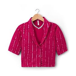 Babyhug Georgette Woven Top & Palazzo Set With Three Fourth Sleeves Embroidered Jacket - Fuchsia