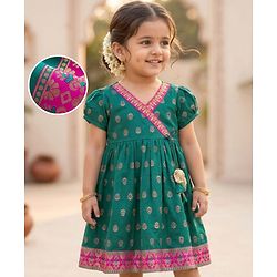 Babyhug Brocade Woven Half Sleeves Ethnic Dress With Floral Print - Green