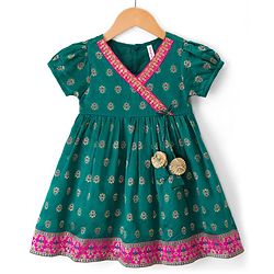 Babyhug Brocade Woven Half Sleeves Ethnic Dress With Floral Print - Green