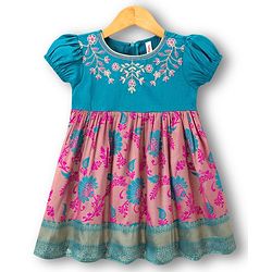 Babyhug Brocade Woven Half Sleeves Ethnic Dress With Floral Embroidery & Print - Fuschia