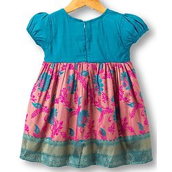 Babyhug Brocade Woven Half Sleeves Ethnic Dress With Floral Embroidery & Print - Fuschia