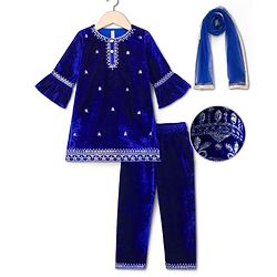 Babyhug Velvet Three Fourth Sleeves Embroidered Kurti Salwar Set with Dupatta - Royal Blue