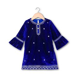 Babyhug Velvet Three Fourth Sleeves Embroidered Kurti Salwar Set with Dupatta - Royal Blue