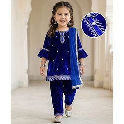Babyhug Velvet Three Fourth Sleeves Embroidered Kurti Salwar Set with Dupatta - Royal Blue