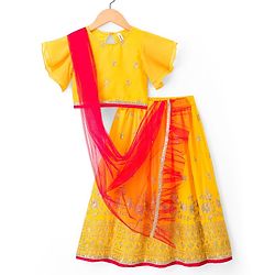 Babyhug Brocade Woven Half Frill Sleeves Choli Lehenga Set with Dupatta Embroidery & Sequin Detailing - Yellow