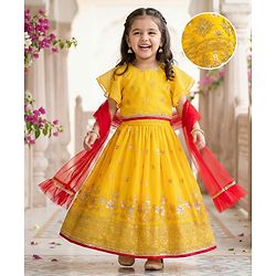 Babyhug Brocade Woven Half Frill Sleeves Choli Lehenga Set with Dupatta Embroidery & Sequin Detailing - Yellow