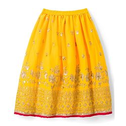 Babyhug Brocade Woven Half Frill Sleeves Choli Lehenga Set with Dupatta Embroidery & Sequin Detailing - Yellow