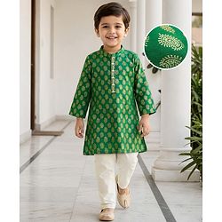 Babyhug Woven Full Sleeves Kurta Pajama Set With Floral Foil Print - Green