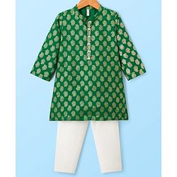 Babyhug Woven Full Sleeves Kurta Pajama Set With Floral Foil Print - Green