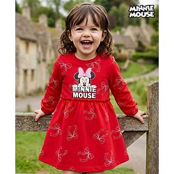 Babyhug Disney Single Jersey Knit Full Sleeves Frock With Minnie Mouse Graphics - Red