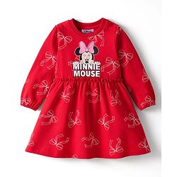 Babyhug Disney Single Jersey Knit Full Sleeves Frock With Minnie Mouse Graphics - Red