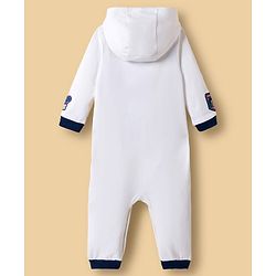 Babyhug Disney Interlock Knit Full Sleeves Hooded Romper With Mickey Mouse Graphics & Badge Detailing - White