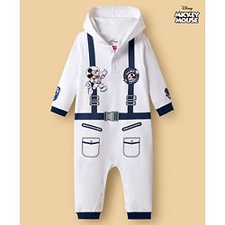 Babyhug Disney Interlock Knit Full Sleeves Hooded Romper With Mickey Mouse Graphics & Badge Detailing - White
