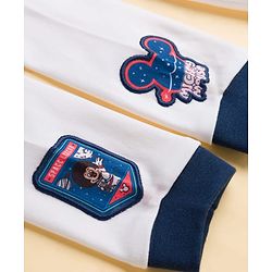 Babyhug Disney Interlock Knit Full Sleeves Hooded Romper With Mickey Mouse Graphics & Badge Detailing - White
