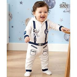 Babyhug Disney Interlock Knit Full Sleeves Hooded Romper With Mickey Mouse Graphics & Badge Detailing - White