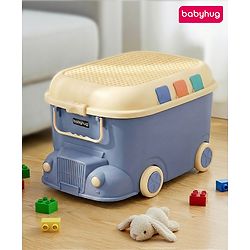 Babyhug Multipurpose Storage Box with Wheels for Kids Truck Theme - Classic Blue| Toy Storage Organizer with Pull Along Handle| Clip Lock Lid| Use as Ride-On & Building Block Tray| Kids Room Storage