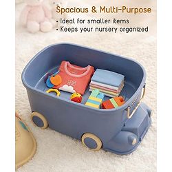 Babyhug Multipurpose Storage Box with Wheels for Kids Truck Theme - Classic Blue| Toy Storage Organizer with Pull Along Handle| Clip Lock Lid| Use as Ride-On & Building Block Tray| Kids Room Storage