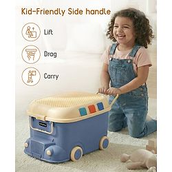 Babyhug Multipurpose Storage Box with Wheels for Kids Truck Theme - Classic Blue| Toy Storage Organizer with Pull Along Handle| Clip Lock Lid| Use as Ride-On & Building Block Tray| Kids Room Storage