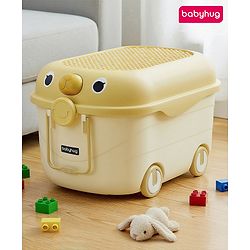 Babyhug Multipurpose Storage Box with Wheels for Kids Animal Theme Pastel Yellow| Toy Storage Organizer with Pull Along Handle| Clip Lock Lid| Use as Ride-On & Building Block Tray| Kids Room Storage