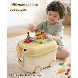Babyhug Multipurpose Storage Box with Wheels for Kids Animal Theme Pastel Yellow| Toy Storage Organizer with Pull Along Handle| Clip Lock Lid| Use as Ride-On & Building Block Tray| Kids Room Storage